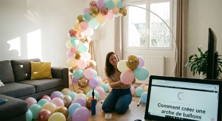 Une femme fabrique une arche de ballons dans le salon d'une maison
