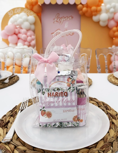 Décoration de baptême orange et rose avec coffret à bonbons — Les Pimp'ettes