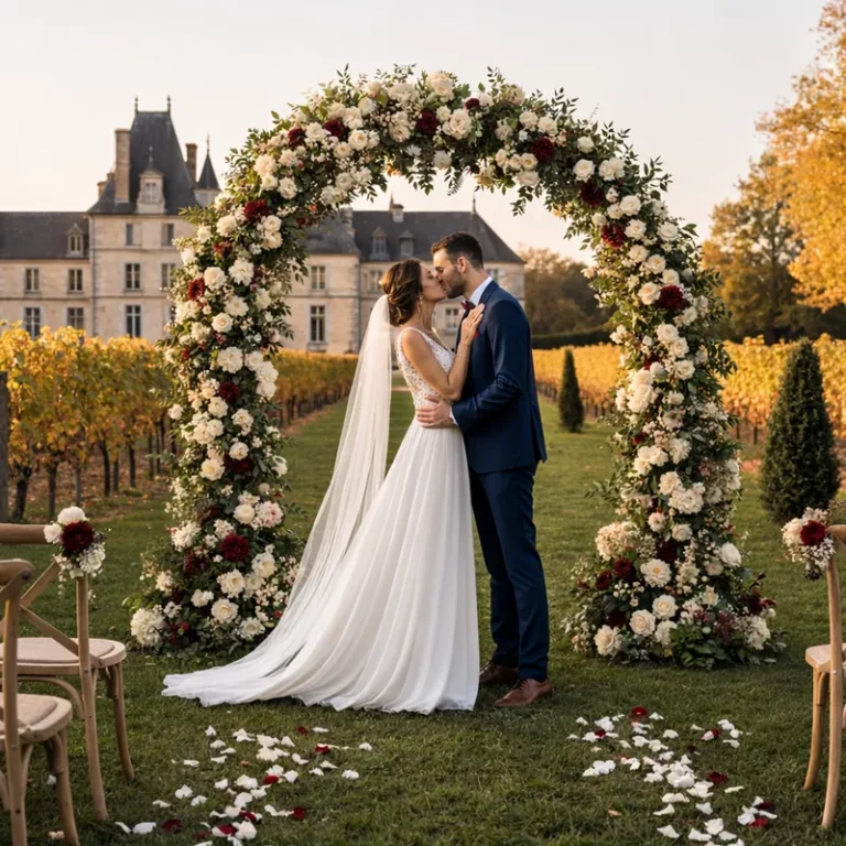 Un couple de mariés s'embrassement sous une arche de fleurs — Les Pimp'ettes